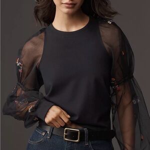 Maeve Embroidered Sheer-Sleeve Pullover  size L,Elegant Black Sheer Sleeve Top